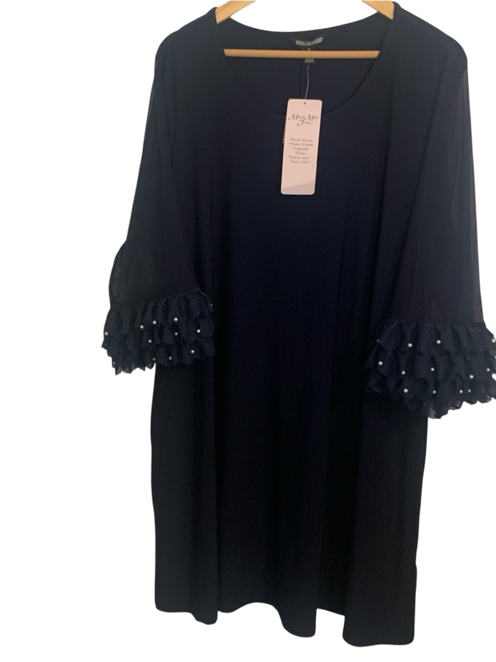 Nina Leonard Navy Long Sleeve Dress with Pearl Ruffle Cuffs Ladies size 3X